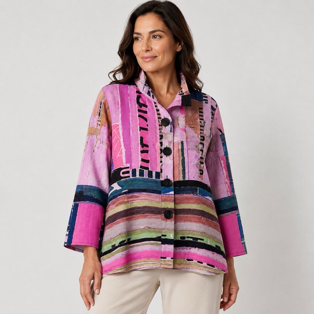 Damee Swing Jacket XL Colorful Abstract Art Bell Sleeve Wire Collar Button Up